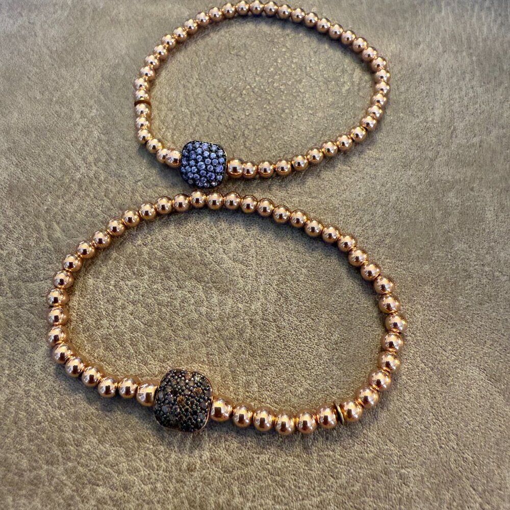 Two Italian SS Rose Gold-Plated Bead Bracelets w/Pave Set Swarovski Crystal NWOT